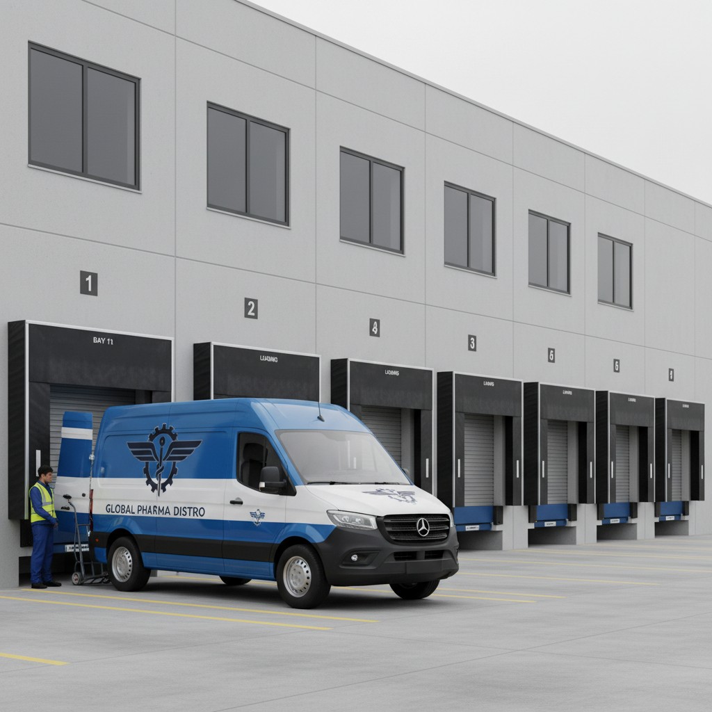 A white and blue van with the logo "Global Pharma Distro" parked in front of a gray warehouse.