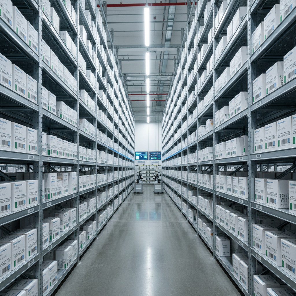 Warehouse aisle of shelving units lined with white boxes.