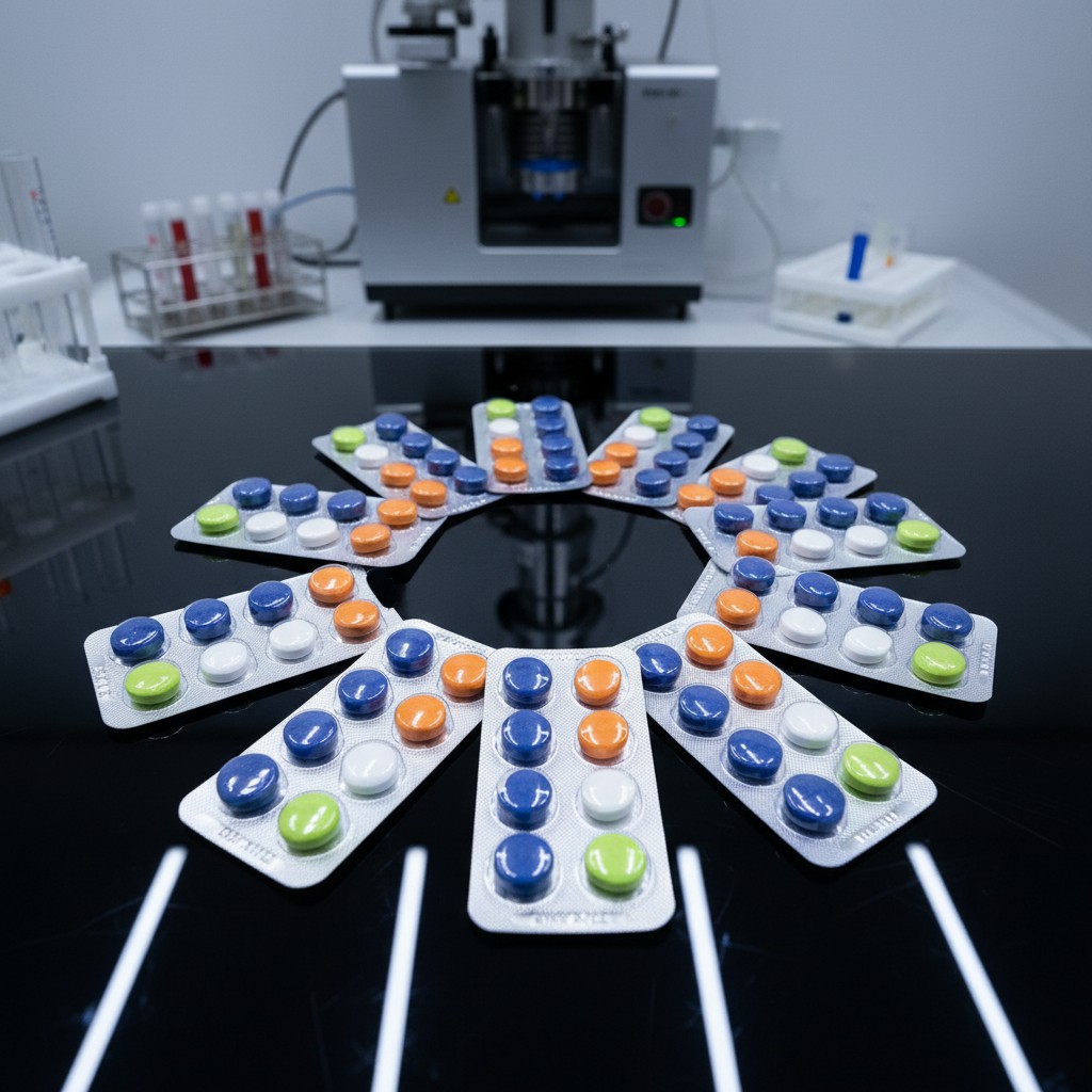 /tablet blister packages with micro drug testing setup in background/table