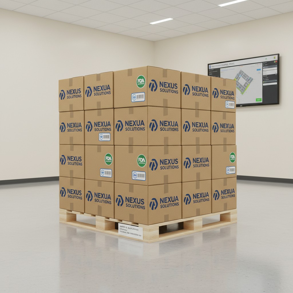 A warehouse room with multiple Nexua Solutions boxes stacked on pallets.