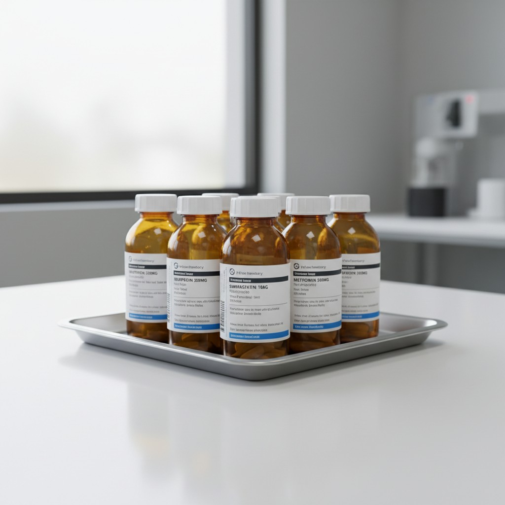 A table with five amber bottles on it, likely medical bottles containing liquid medication.